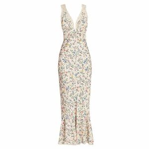 Rabanne Floral Plunging Flounce Maxi Dress